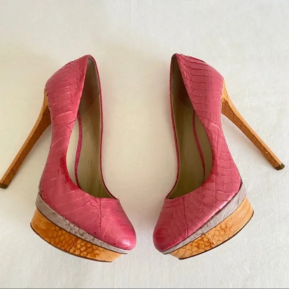 Brian Atwood Shoes Brian Atwood Snakeskin Platform Pumps Pink
